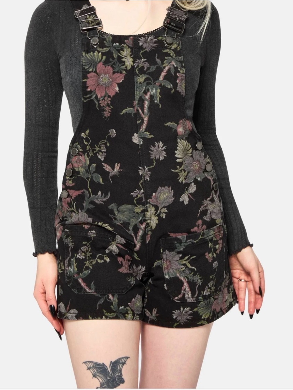 Disturbia Poison Eden Print Denim Dungaree Short